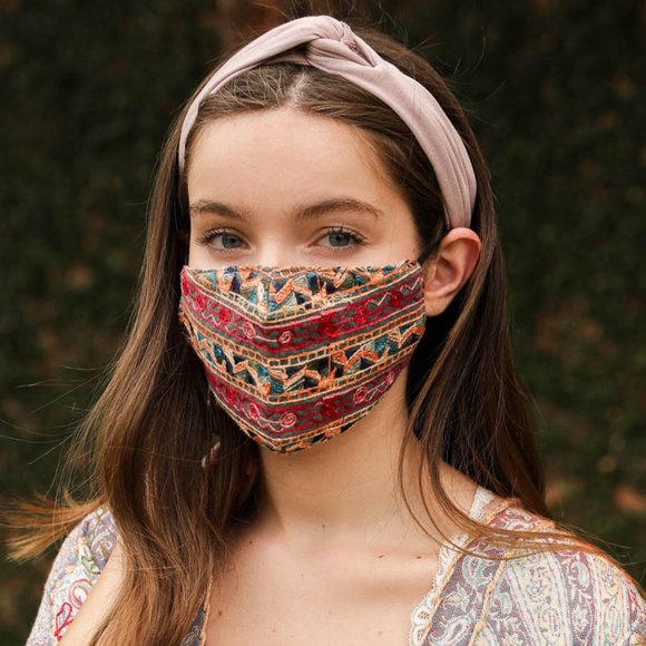 Boho Face Mask Embroidered Multi-Pattern Reusable - Picture 1 of 4